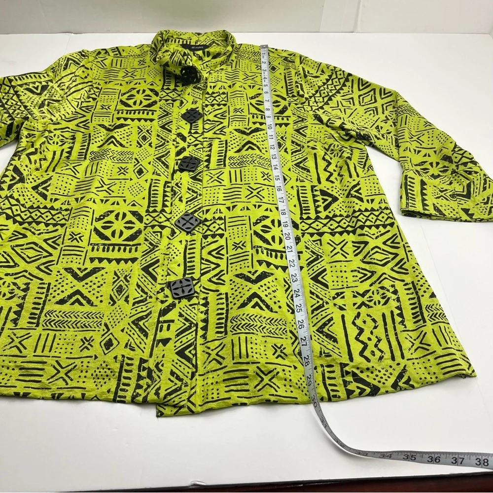 Ali Miles Geometric Green‎ Black Top Wire Collar Womens XL Button Front *FLAW